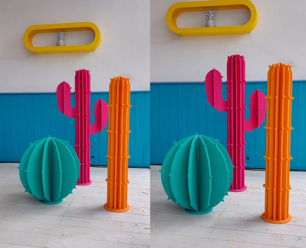 dos fotos de cactus de madera cortados en cnc y pintados de diferentes colores