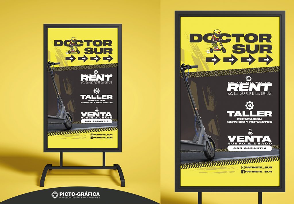 Caballete publicitario con diseño grafico para una tienda de scooters en tenerife