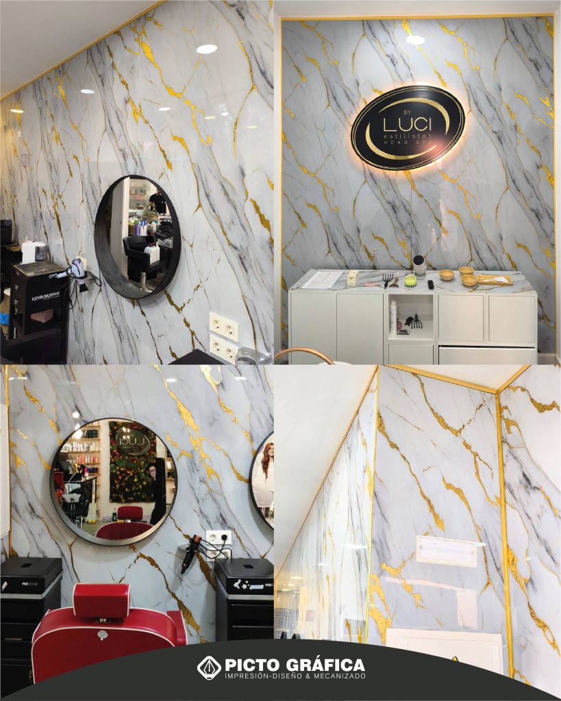 Placas decorativas marmoleadas con vetas de oro instaladas por Pictografica