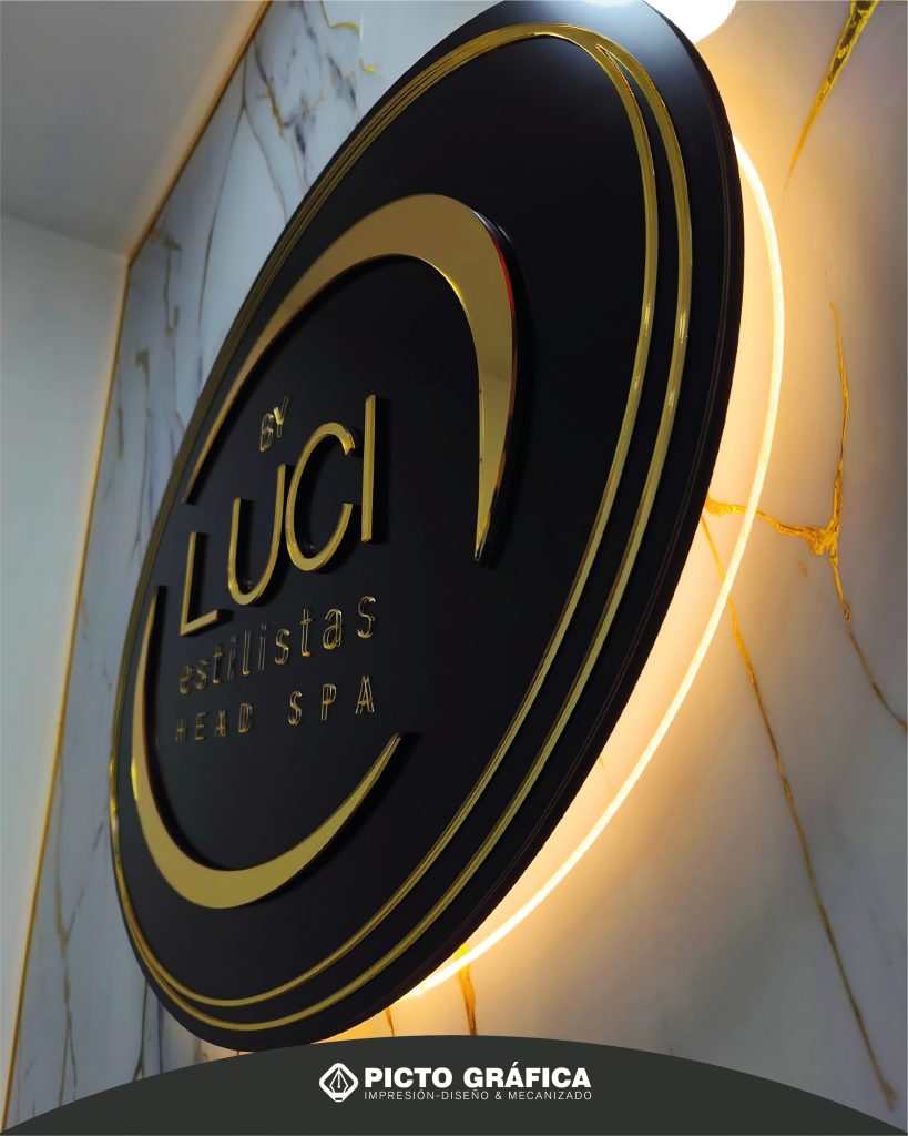 Letrero Luci Estilistas Head SPA en ORO y Composite alumnio Negro Pictografica en Tenerife
