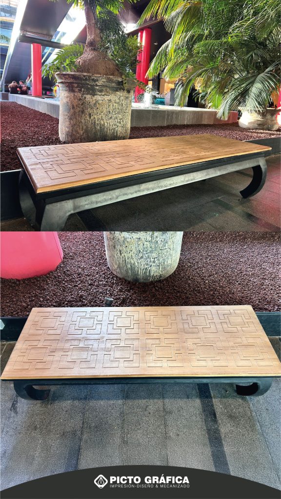Piezas decorativas en madera fresadas con CNC instaladas en sillones del Centro Comercial Siam Mall en Tenerife