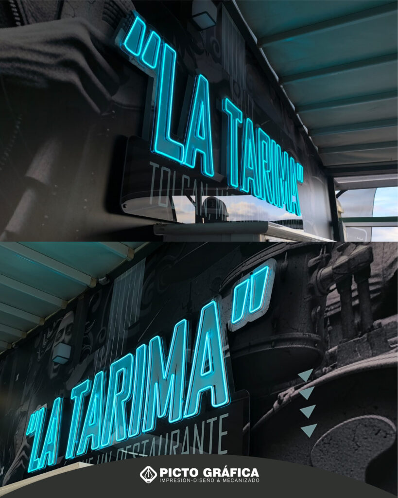 Detalle del neón flex instalado sobre base de metacrilato