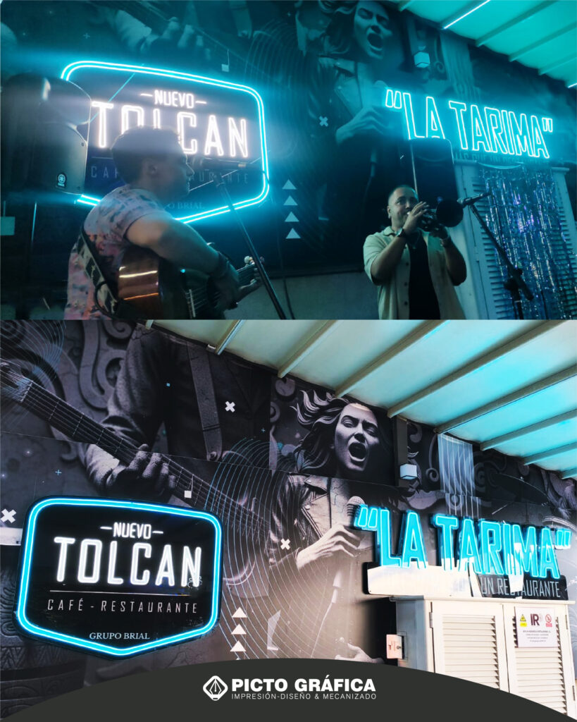 Musicos tocando sus instrumentos y detras letreros de neon y vinilo creados por pictografica tenerife