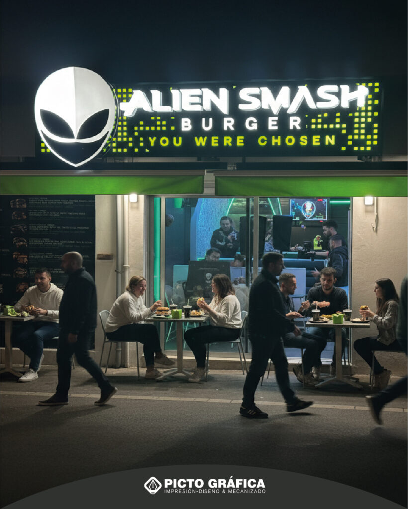 Rótulo interior de Alien Smash Burger dentro de centro comercial con letras volumétricas