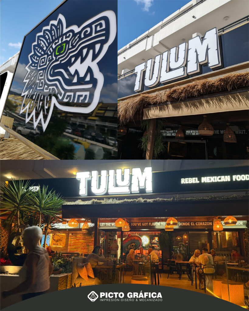 Fachada nocturna de Tulum Rebel Mexican Food con rótulo luminoso en Tenerife