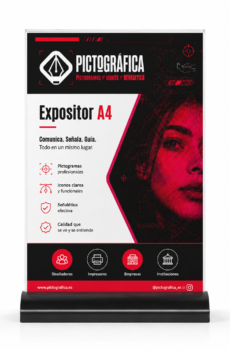 Vista frontal del expositor de sobremesa A4 con base negra