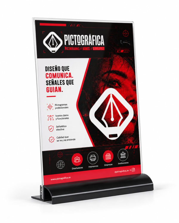 Portacartel de metacrilato A4 vertical con base negra e impresión