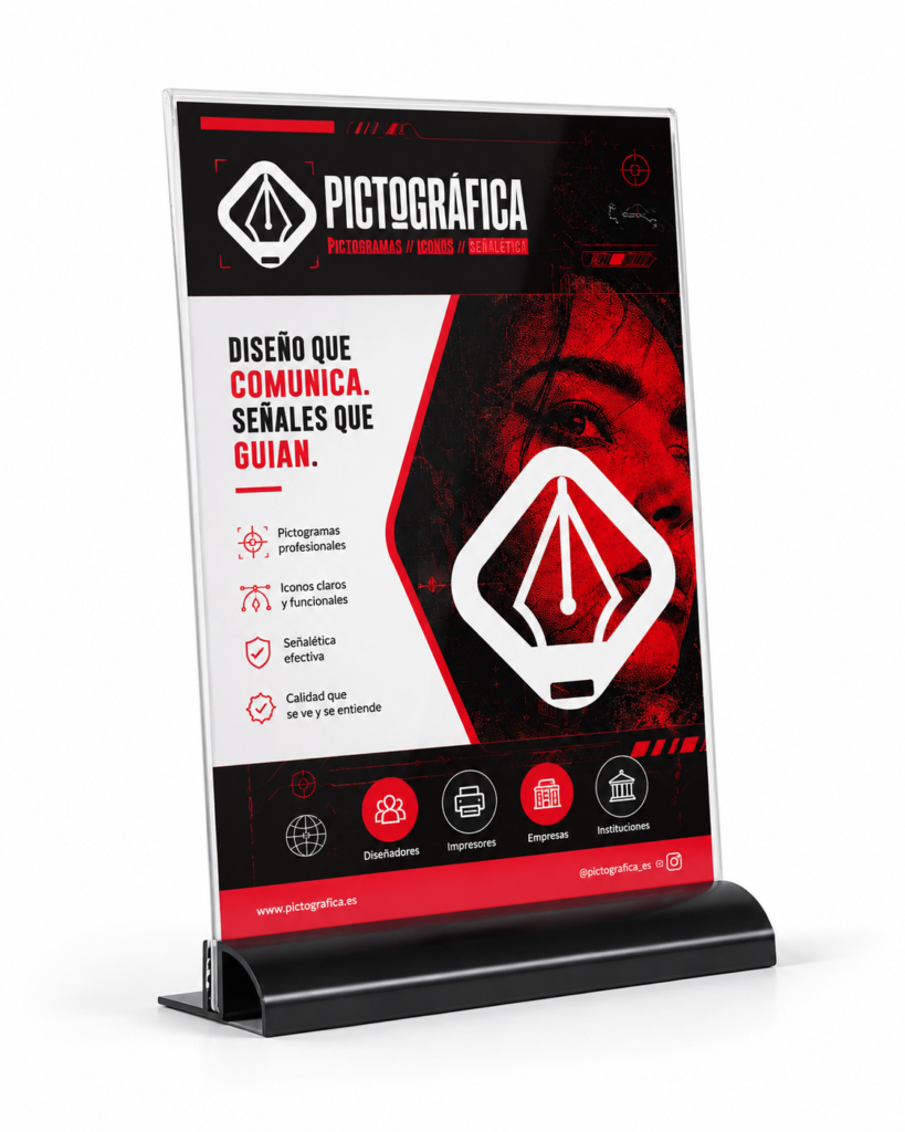 Portacartel de metacrilato A4 vertical con base negra e impresión