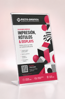 Portacarteles de metacrilato A4 vertical con impresión personalizada